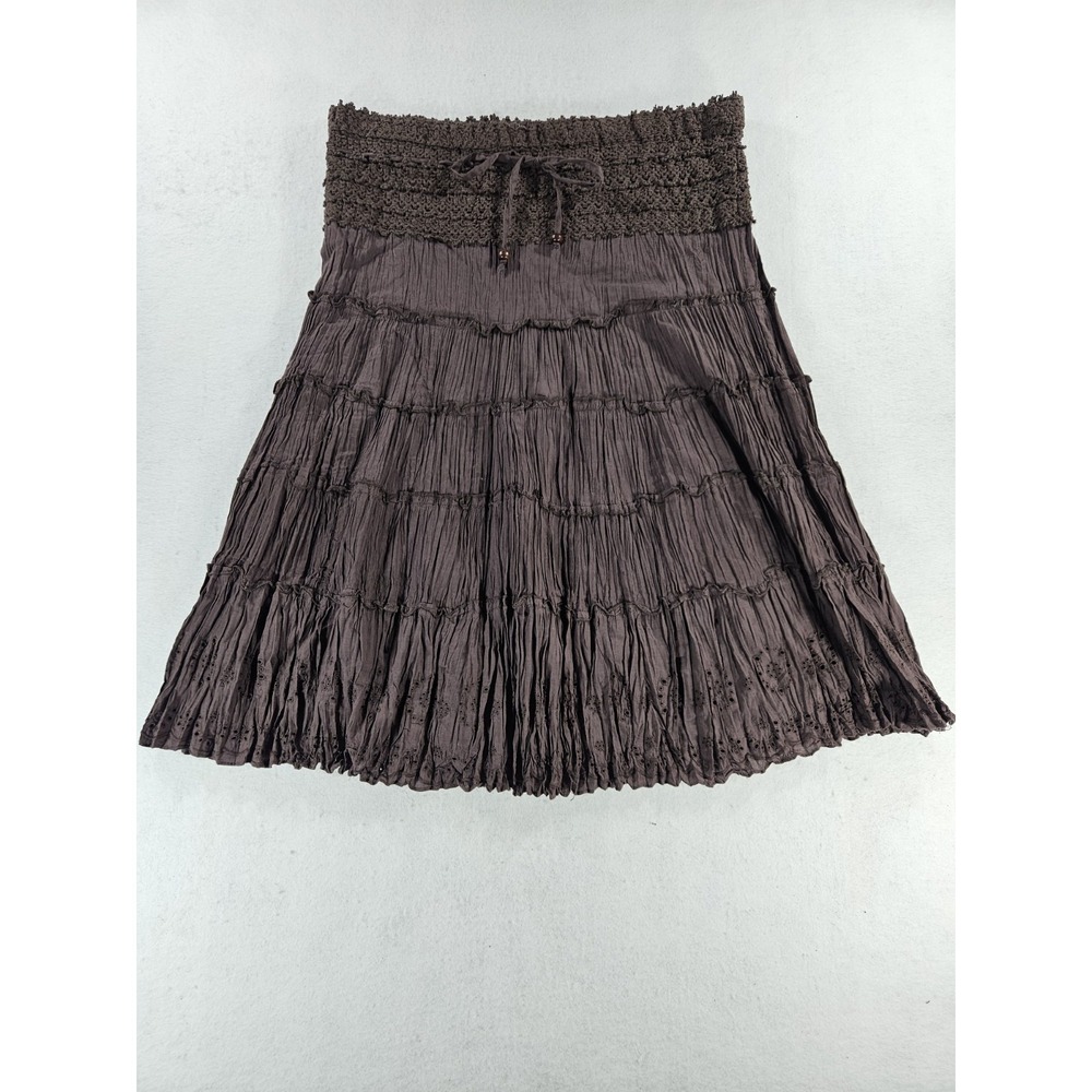 Y2K Festival Skirt Womens Med Brown Tiered Boho Crinkle Hippie Midi Crochet